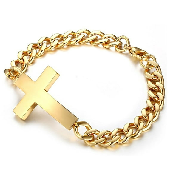 Women Men Gold Plated ID Cross Bracelet Link Chain