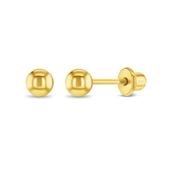 Polished Ball 3mm Baby / Kids Earrings Screw Back - Sterling Silver Gold Plated