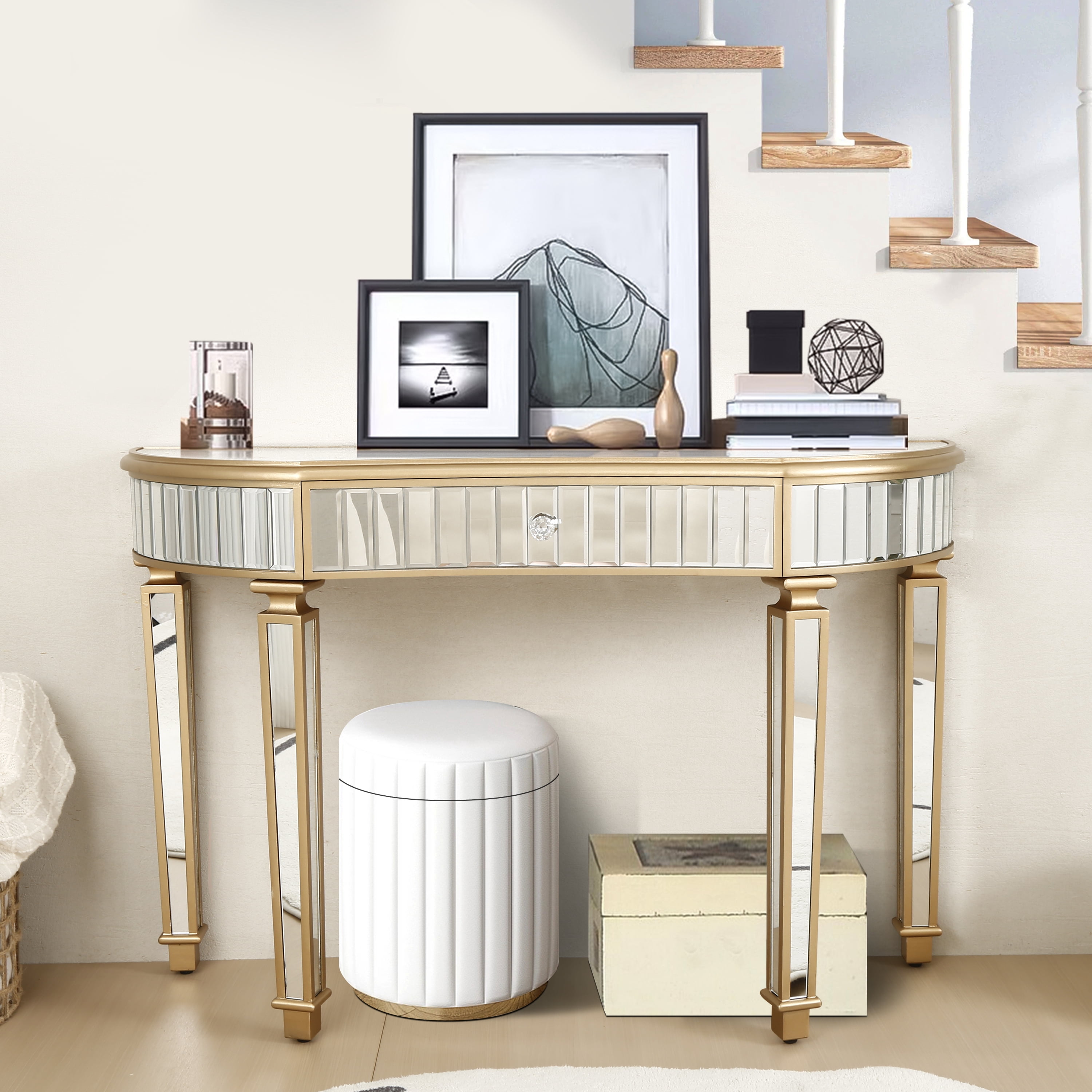 Atumcto 47" Fluted Mirrored Console Table with Drawer, Gold Finish Narrow Accent Sofa Table for Entryway, Living Room