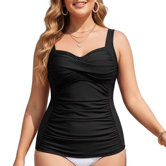 RELLECIGA Women's Tankini Top Plus Size Swimsuit for Women V Neck Twisted Tummy Control Ruched Bathing Suits