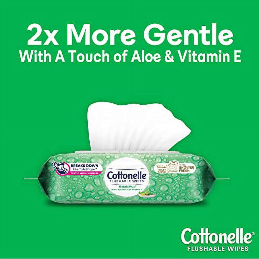Cottonelle GentlePlus Flushable Wet Wipes with Aloe & Vitamin E, Adult Wet Wipes, 16 Flip-Top Packs (8 Packs of 2), 672 Total Wipes