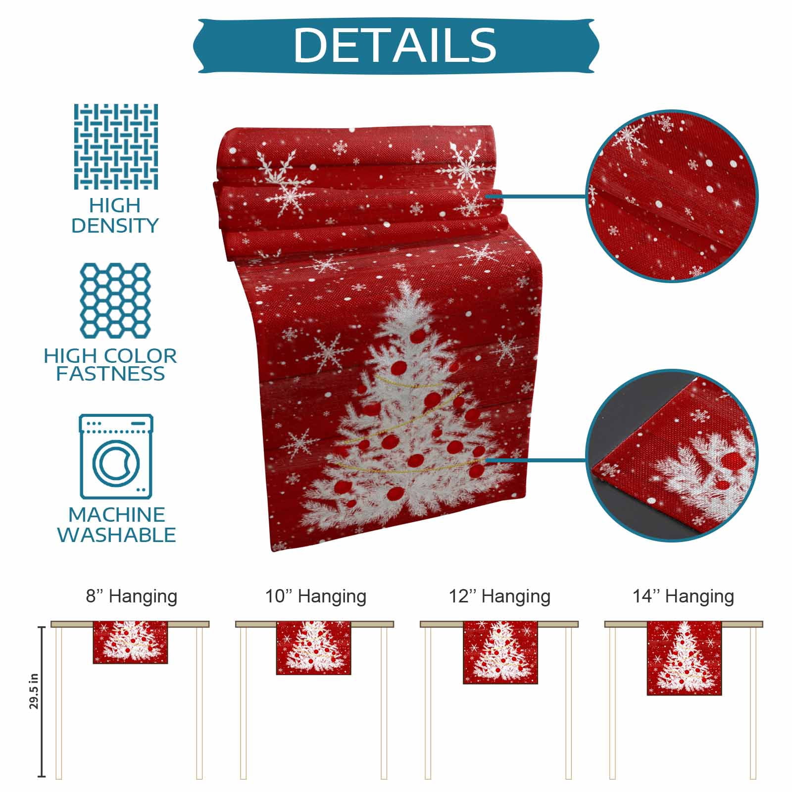 Ldtrchee Red Christmas Tree Table Runner 72 Inches, Vintage Balls Snowflake Xmas Tree Bed Runner Dresser Scarves Tabletop for Indoor Outdoor Parties/Ceremony/Banquet, 16" x 72"