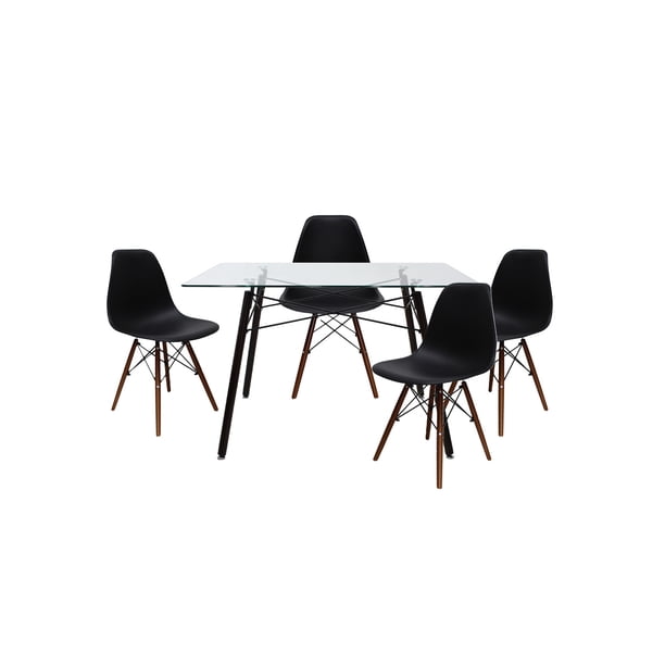 Set de Comedor Cristal Oslo Nogal y 4 Sillas Eames Negro base Nogal Mundo In Minimalista