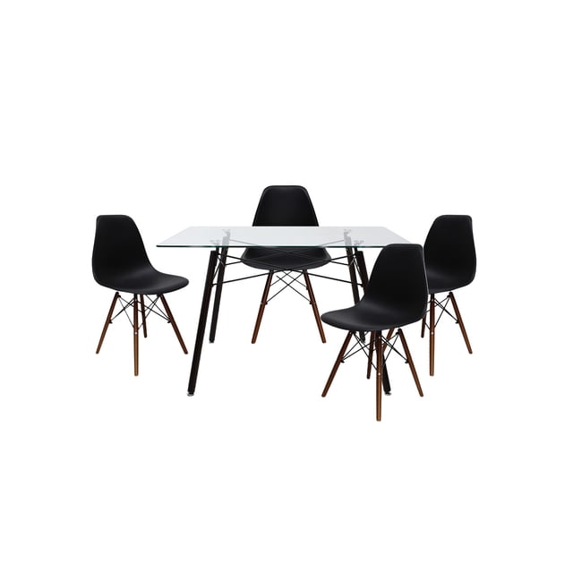 Set de Comedor Cristal Oslo Nogal y 4 Sillas Eames Negro base Nogal Mundo In Minimalista
