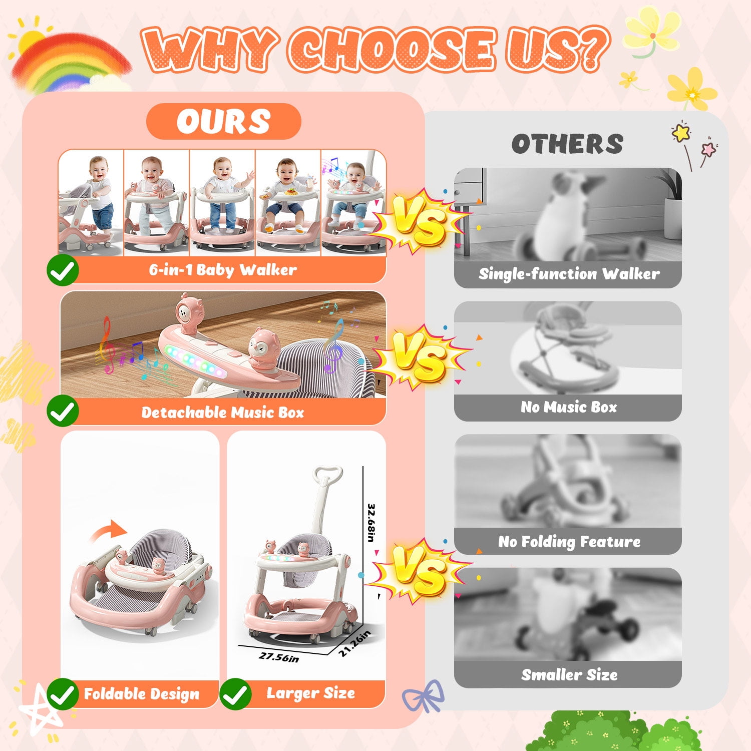 WonderStone 5 in 1 Baby Walker, Foldable Push Walker with Wheels, Music & Light, Baby Bouncer, Baby Activity Center for Boy Girl 6-12 Months (Pink)
