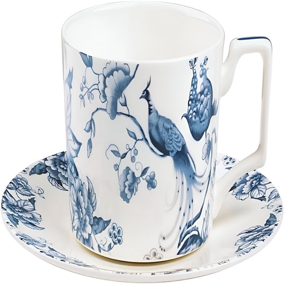 BPPEG 9oz Bone China Tea Cup and Saucer Set for 1,Blue and White Coffee Cup with Plate Set,British Floral Porcelain Tea Cup for Women