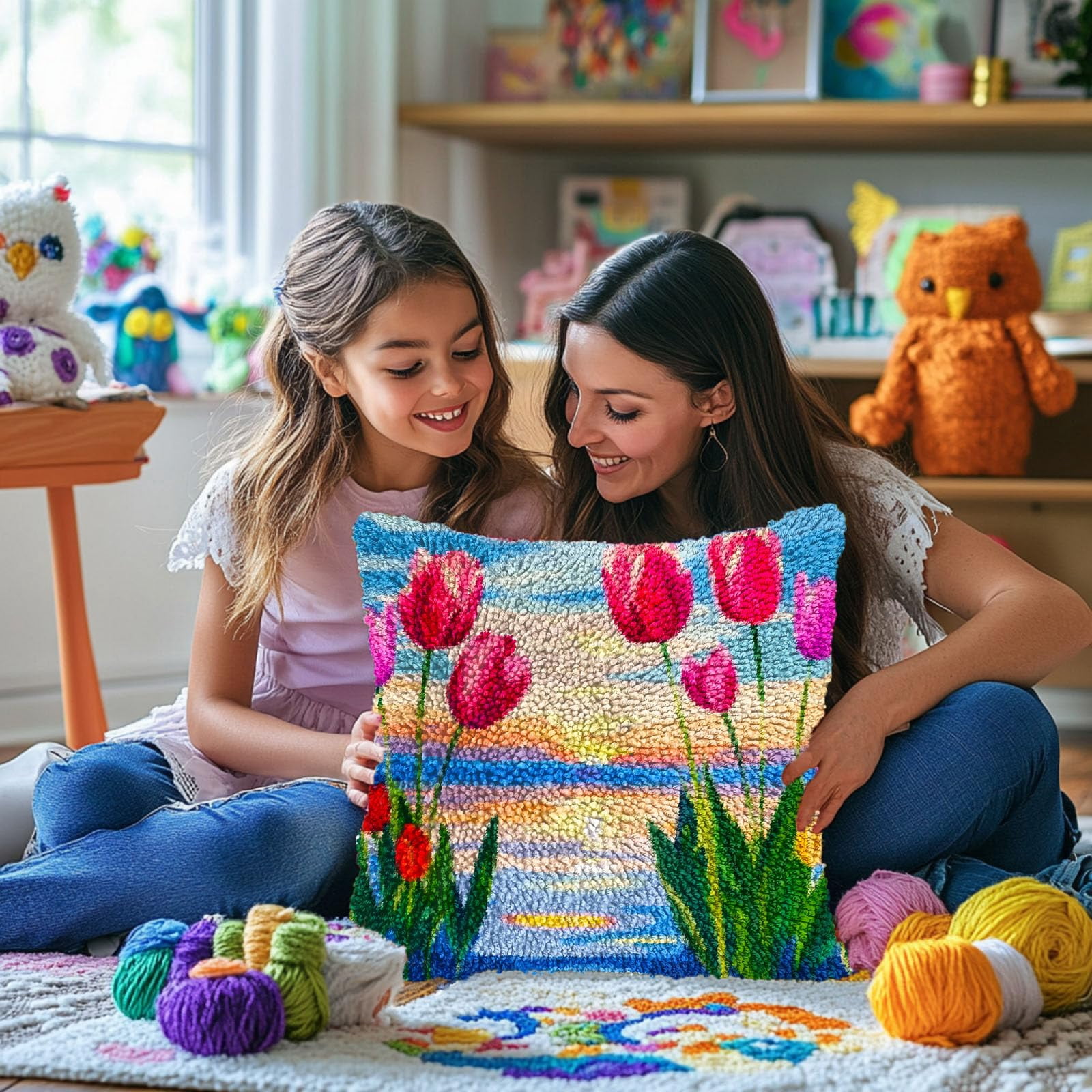 Seaside Flower Tulips Sunset DIY Latch Hook Pillow Kits for Adults Printed Pillowcase Crochet Yarns Hooking Handmade Pillow Cover Cushion for Home Sofa Decoration 17x17inch(3)