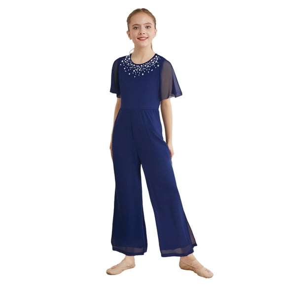 Xnihocha Combinaison à Manches Courtes Scintillante pour Filles Pantalon Long Combinaison d'Été Combinaison de Fête Bleu Marine 6