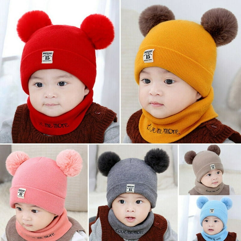 SUNSIOM Newborn Kids Baby Boy Girl Pom Hat Winter Warm Knit Bobble Beanie Cap Scarf Set, Infant Unisex, Size: One size, Red