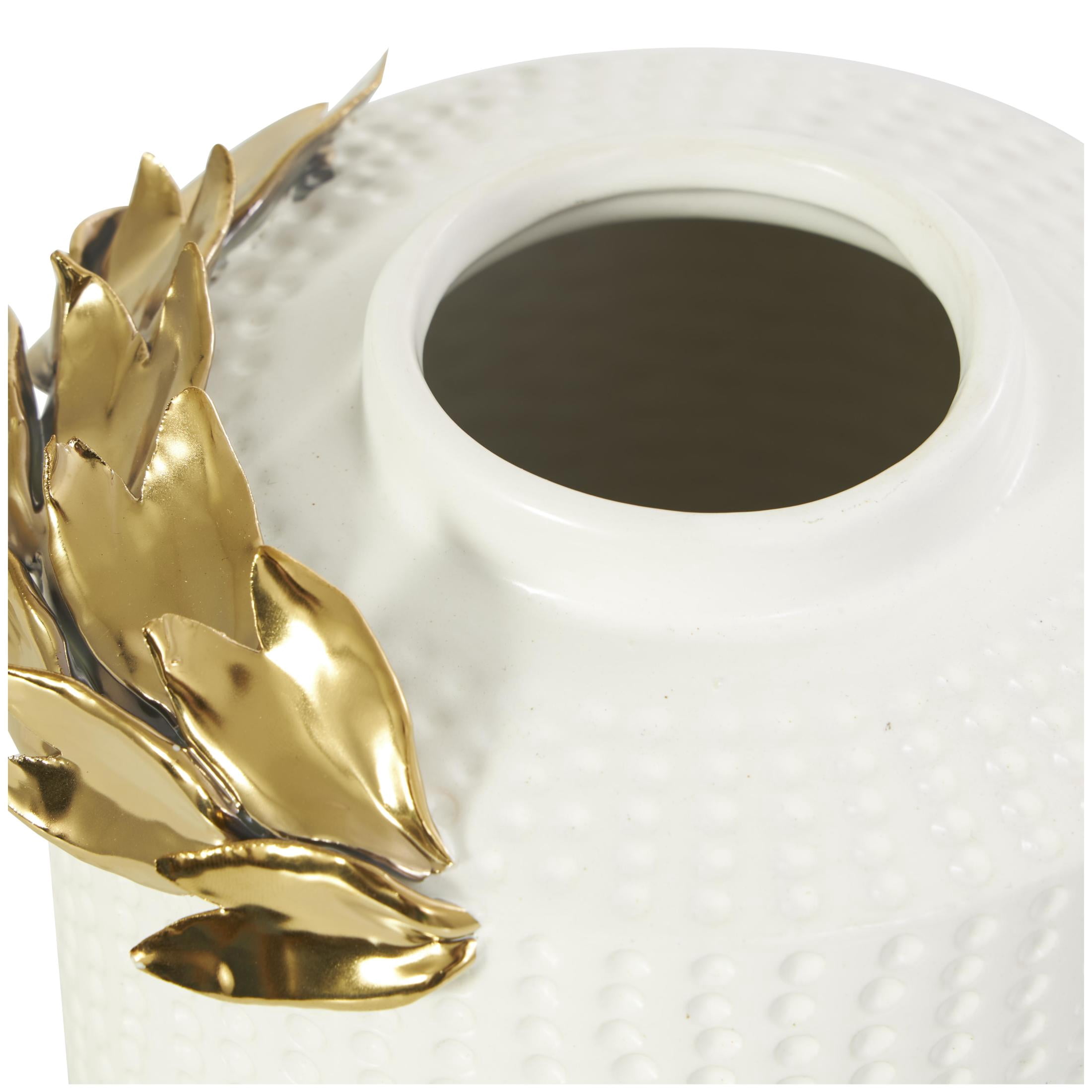 DecMode 11", 9"H White Ceramic Leaf Decorative Jars with Abstract Spotted Pattern and Gold Accents, 2-Pieces