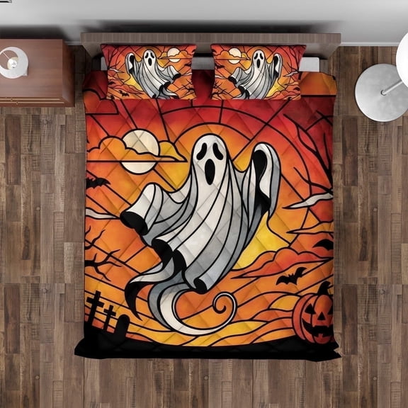 Lotusprinthandmade Halloween White Ghost Quilt Bedding Set, Fold Hem, 55x60
