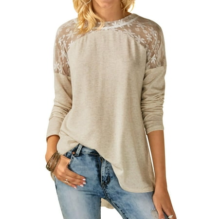 - STARVNC Women Long Sleeve Crew Neck Tie Back Splice Lace Mesh Tops