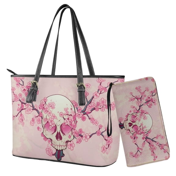 TSOVTHRID Skull Cherry Blossom Print Handbag and Wallet Set Womens Top Handle Handbag Satchel with Matching Wristlet Wallet Waterproof Leather Pink Tote Bag Shoulder Bag