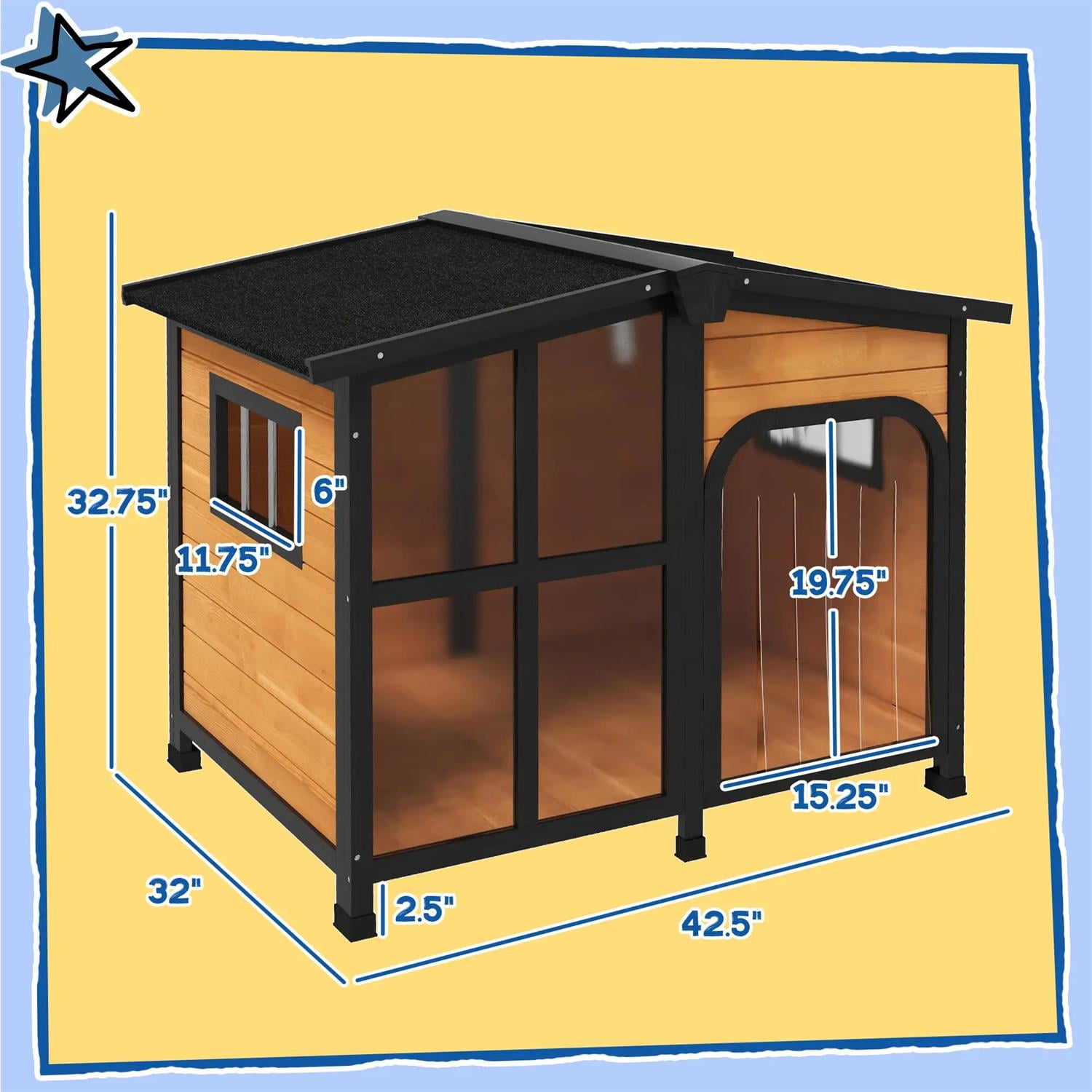 Pefilos 42" Outdoor Cabin Style Dog House with Openable Roof & Giant Window, Wooden Dog Kennel Weatherproof for Small to Large Dogs, Yellow