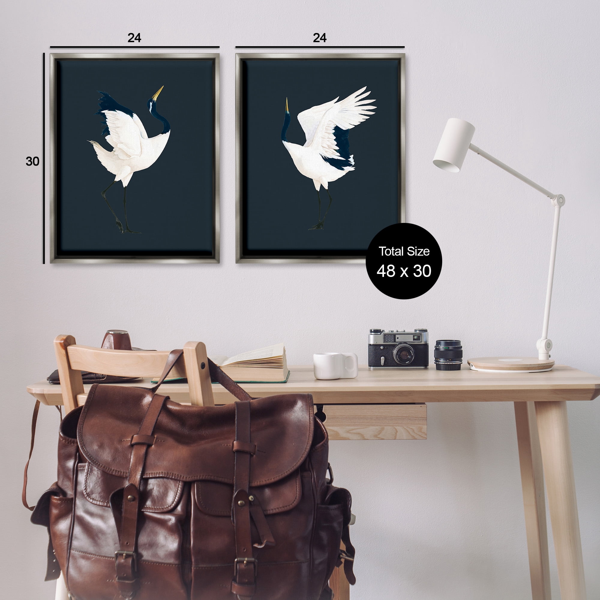 Stupell Industries Traditional Cranes Dance Animals & Insects Painting Gray Floater Framed Canvas Art Print Wall Art, 25 x 31, Set of 2
