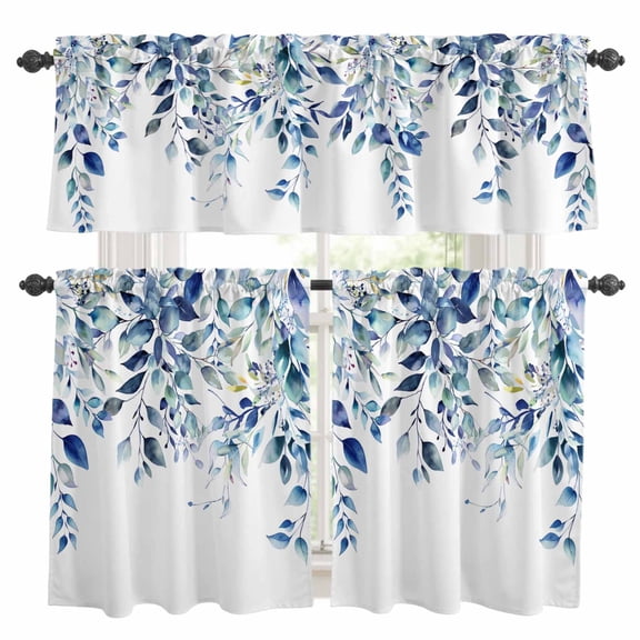 Blue Teal Eucalyptus Leaves Kitchen Curtains Sets for Windows 36 Inch Length, Watercolor Weeping Botanical Rod Pocket Window Treatments Tier Curtains and Valances Set for Bedroom/Bathroom
