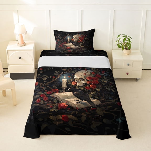 Homewish Halloween Sugar Skull Twin Sheets,Red Rose Bedding,Gothic Aesthetic Bed Set,3 Pieces,1 Fitted Sheet and 1 Pillowcase