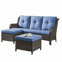 Gymojoy Outdoor Furniture 3-Piece Sofa, Patio Rattan Wicker Seactional Couch with Ottoman, Navy