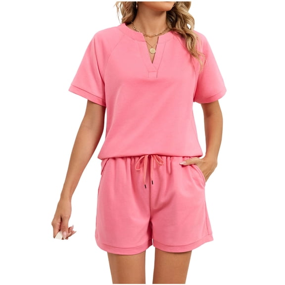 JGGSPWM Womens Two Piece Sets Lightweight Fashion Lounge Outfits Short Sleeve V Neck Shirts Top Casual Wide Leg Shorts Set Pink M