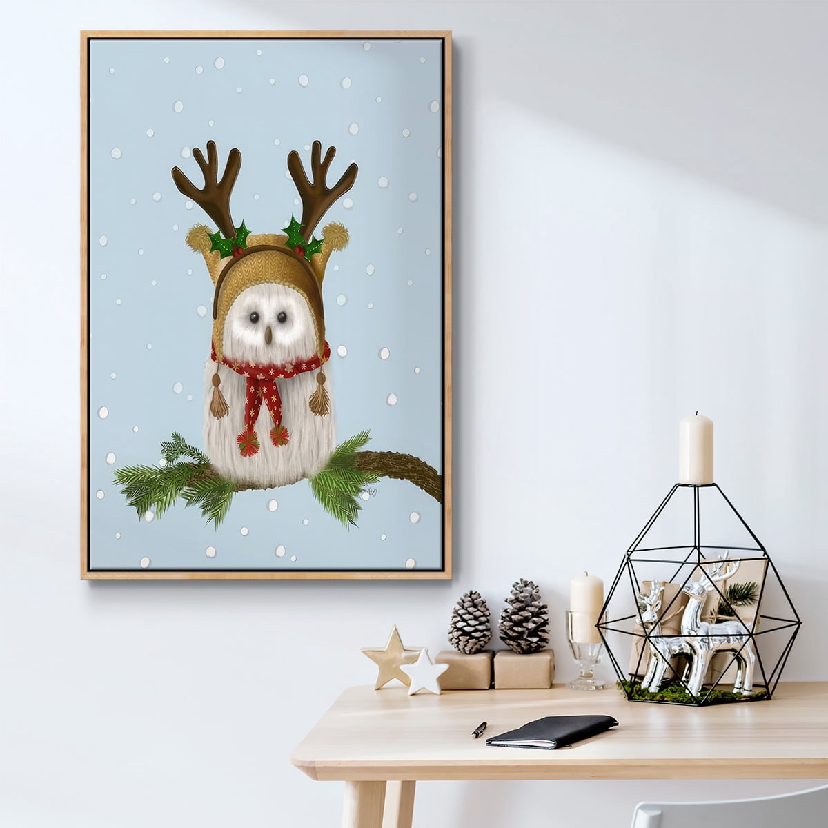 Christmas Fluffy Owl and Antlers - Framed Gallery Wrapped Holiday Canvas - 27 x 41 - Natural Wood Frame