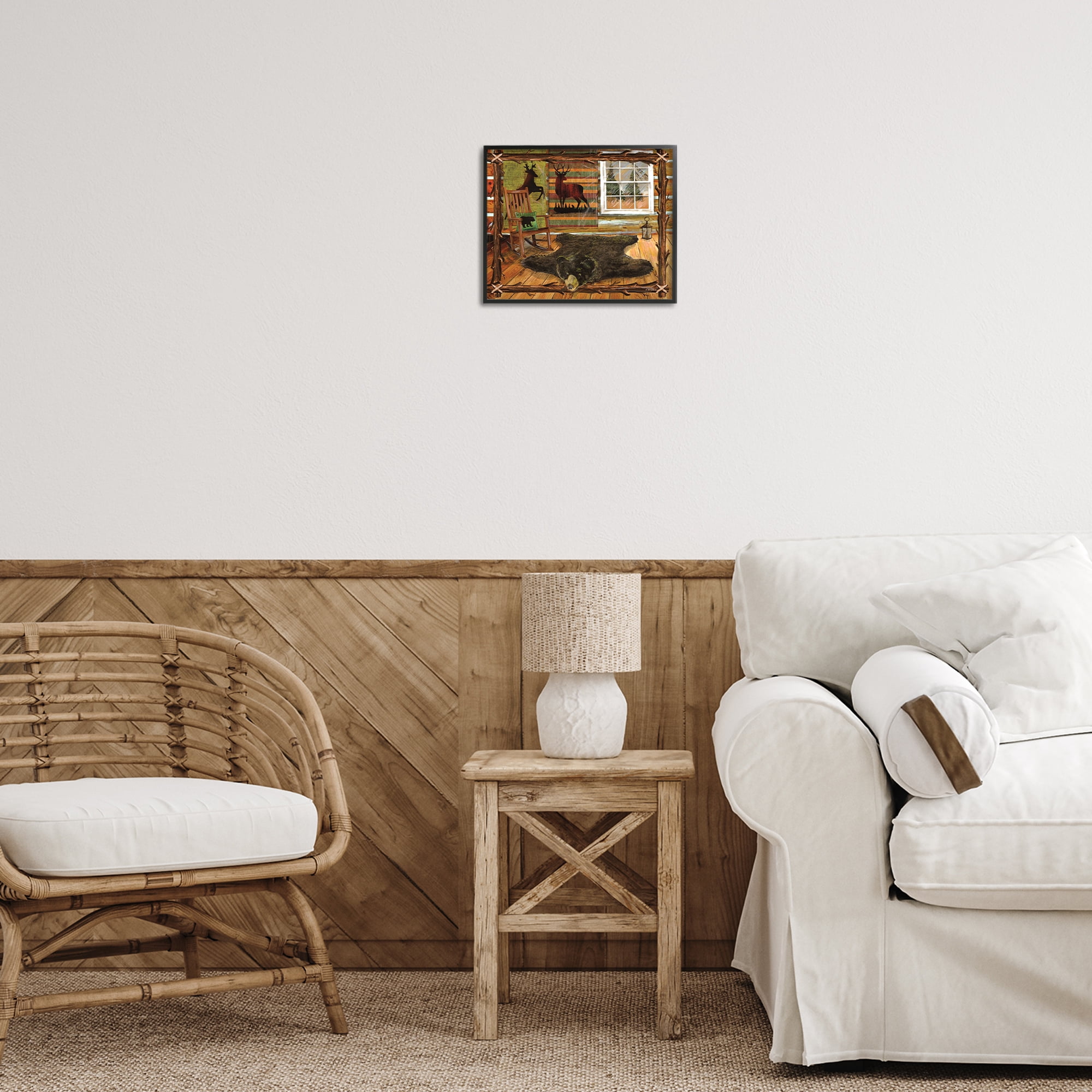 Stupell Industries Rustic Cabin with Border Animals & Insects Painting Black Framed Art Print Wall Art, 14 x 11