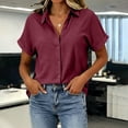 thumbnail image 2 of VBVC Women's Cotton Linen Button Down Blouse , Ladies' V Neck Short Sleeve Work Shirt , Summer Loose Fit Solid Tunic Top For Women, Wine , S-2XL, 2 of 8