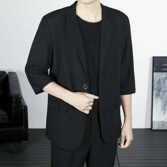 Handshe Men's Fashion Solid Color Three-Quarter Sleeve Blazer with Notched Lapel, Shoulder Pads, Single-Breasted Design and Drape Pockets for Business Casual Attire,Plus Size