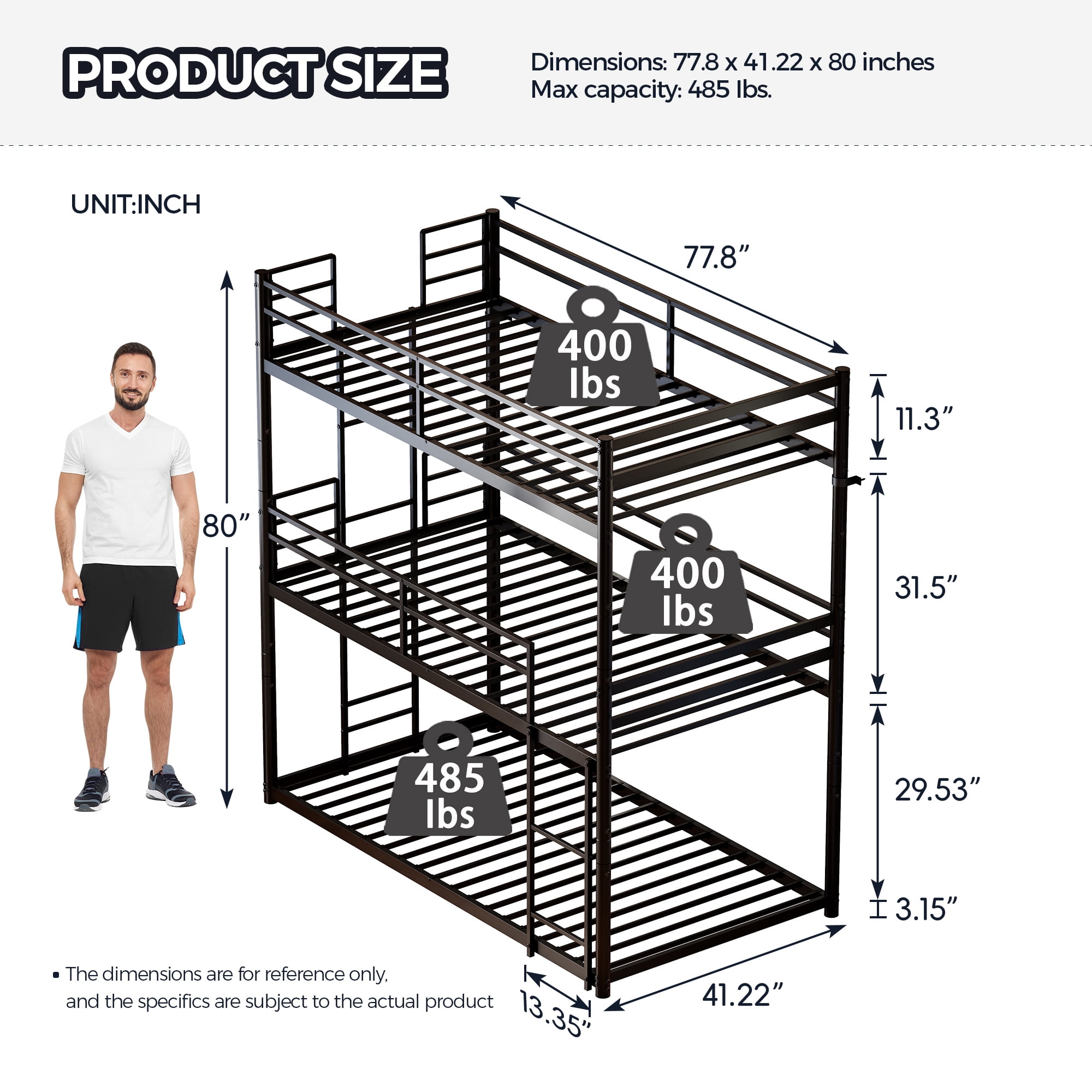 Alvantor Heavy Duty Triple Twin Metal Bunk Bed, 3-in-1 Convertible Frame, Black