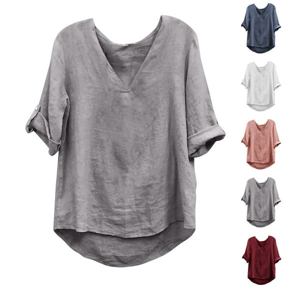 Conjunto de blusa de manga corta y pantalón con abertura para mujer, de mezcla de lino, con cuello redondo, informal, tejido suave y cómodo, para uso diario y en casa, sopatenor