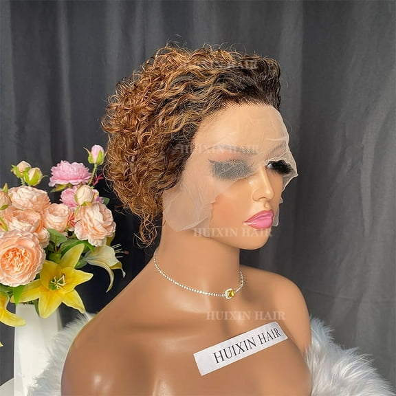 Huixin Hair 13x1 Pixie Cut With Dark Root And Dark Brown Color Human Hair Wig