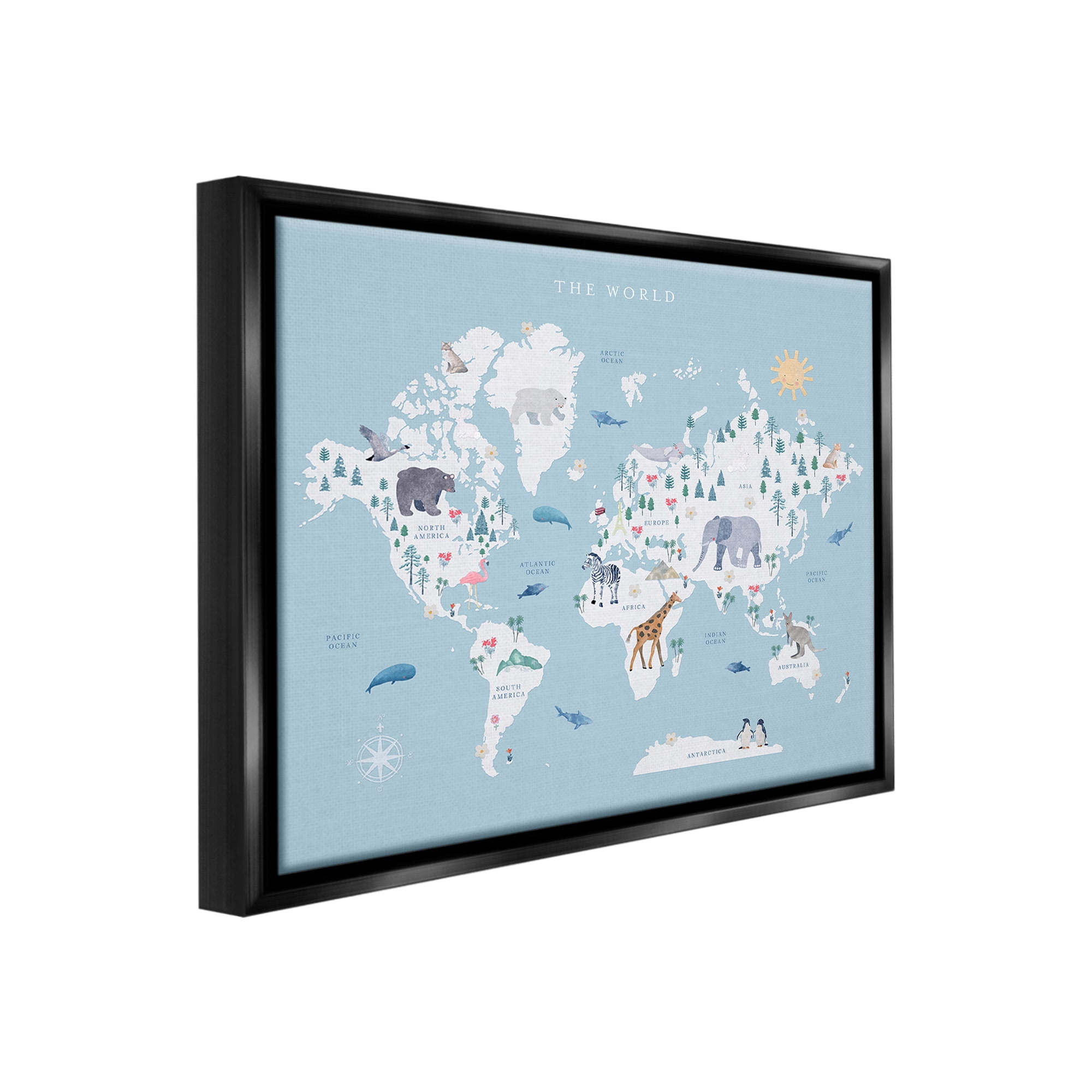Stupell Industries World Animals Map Animals & Insects Painting Black Floater Framed Canvas Art Print Wall Art, 31 x 25