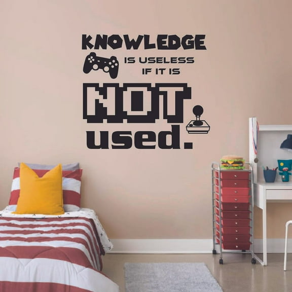 Knowledge is Useless Quote Video Game Games Gamers Quotes Wall Sticker Art Decal for Girls Boys Room Bedroom Nursery Kindergarten Fun Home Decor Stickers Wall Art Vinyl Decoration Size (20x20 inch)