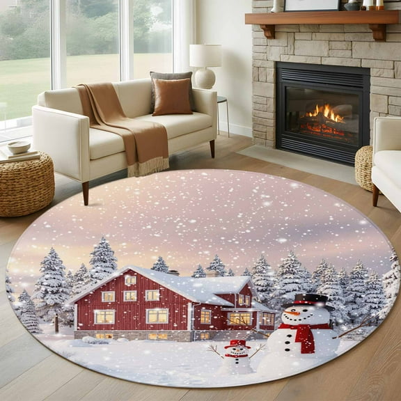 Christmas Round Rug 5ft Washable Circle Kitchen Rugs Non Slip Farmhouse Snowflake Snowman Xmas Tree Large Area Rug Indoor Floor Carpet for Bedroom Living Room Home Office Dining Room Nursery