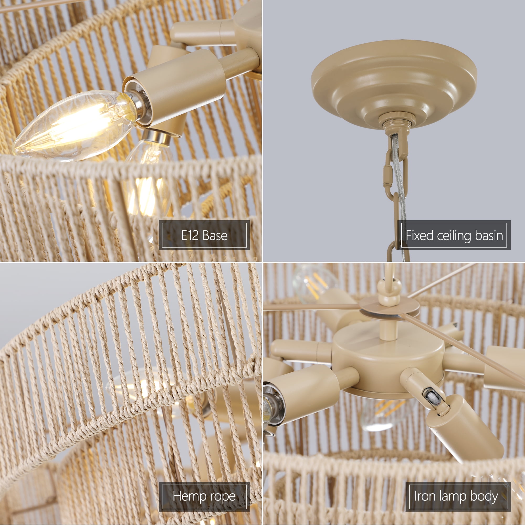 Jopath Modern 4-Layer Woven Hemp Rope Chandelier, 20" Boho Style Pendant Light, Elegant Hanging Light Fixture for Living Room, Dining Room, Bedroom (No Bulbs)