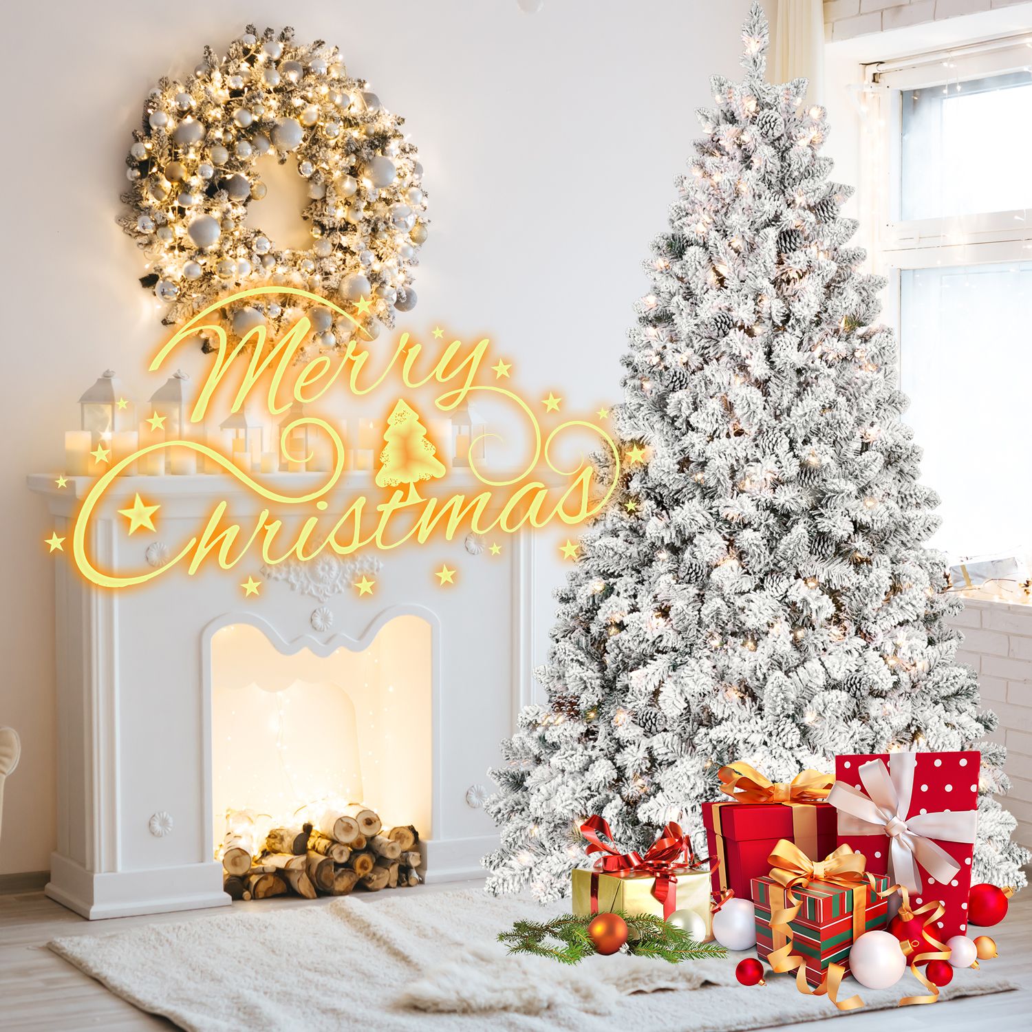 Alvantor 4FT Flocked Christmas Tree with 150 LED Lights & 21 Pine Cones & 366 Tips for Indoor Holiday Decoration White
