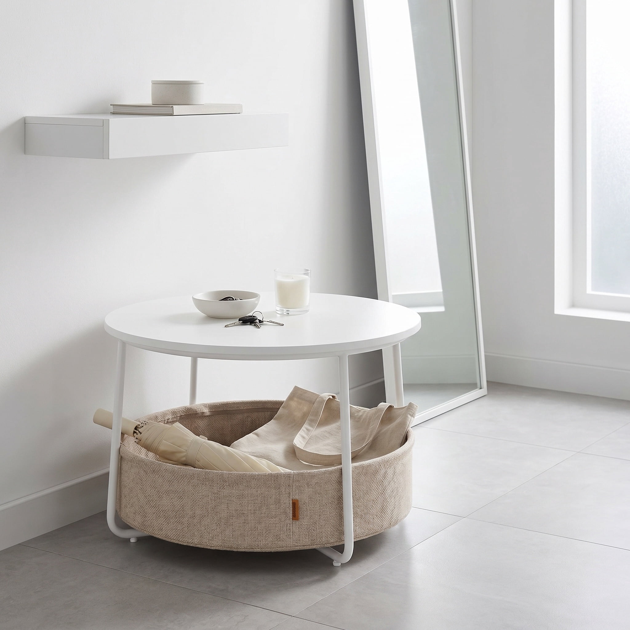 Nordic Hygge Modern Matte White Round Coffee Table with Camel Brown Fabric Storage Basket