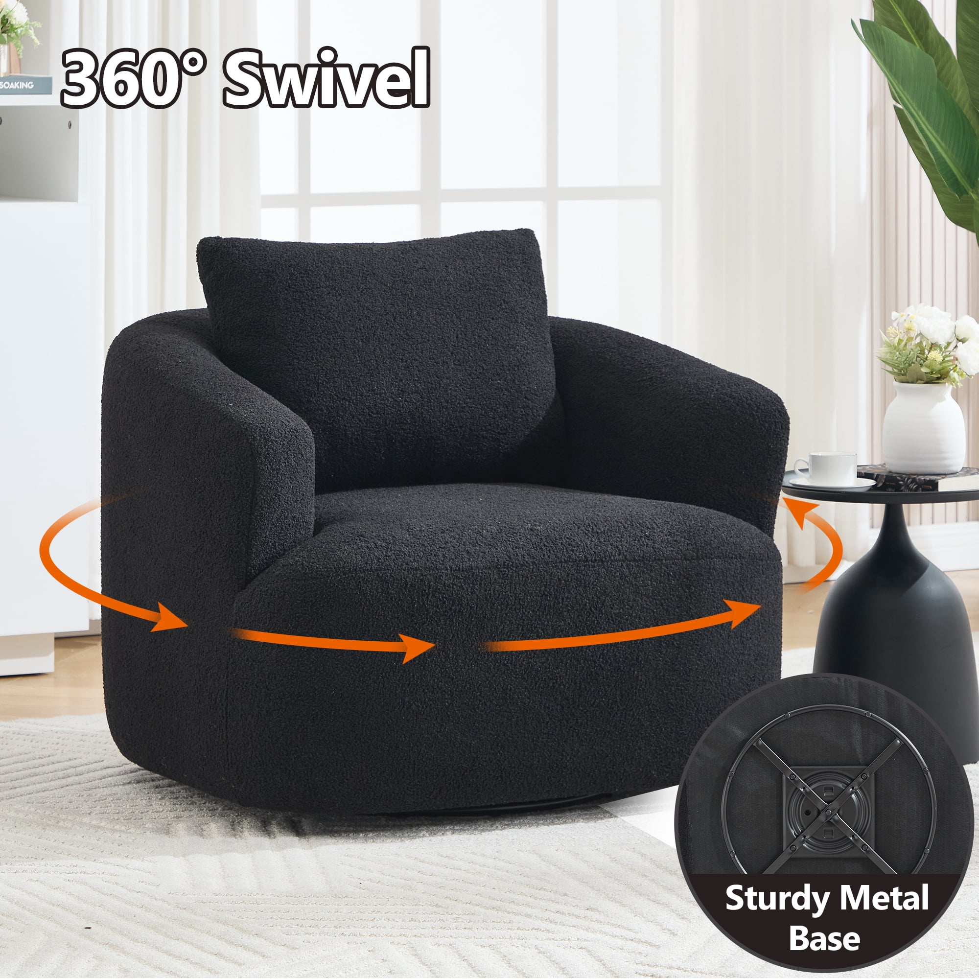 Swivel Accent Chair,360° Round Upholstered Armchair with One Soft Pillow,Teddy Fleece High-Resilience Sponge Single Sofa for Living Room, Bedroom, Apartment,No Assembly,Black