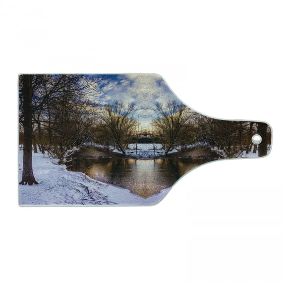 Landscape Cutting Board, Snowy Winter Park Trees Heart Shape Lake River Sunset View Symmetrical Art, Decorative Tempered Glass Cutting and Serving Board, in 3 Sizes, by Ambesonne