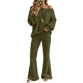 thumbnail image 4 of VISALY Women Two Piece Outfit Sets Off Shoulder Long Sleeve Knit Sweatshirts Sweater Loose Fit Flared Pants Casual Athleisure Sweatsuit Trendy Lounge Travel Workout Matching Tracksuit Army Green L, 4 of 9
