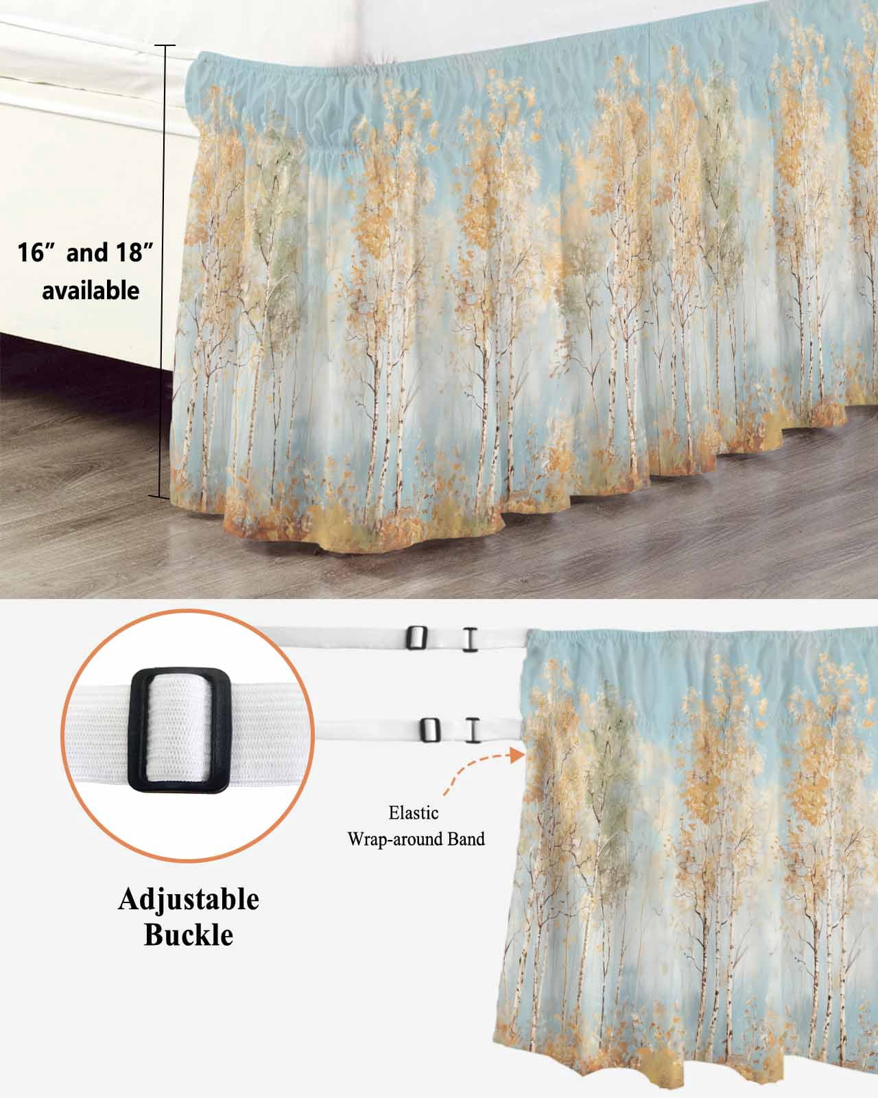 Orange Blue Vintage Wrap Around Bed Skirts for Queen Bed 16" Drop,Bed Skirt with Adjustable Elastic Belt Dust Ruffle Bed Valance for Bedroom Hotel Modern Abstract Art Oil Paiting Bed Frame Cover