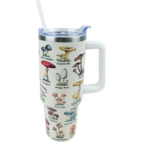 Cute Mushroom Cup 40 oz Tumbler with Handle and Straw Lid Leak Proof, Coffee Travel Mug with Handle Insulated for Hot and Cold Drink Ice, Christmas Birthday Gifts for Women Stainless Steel Cup