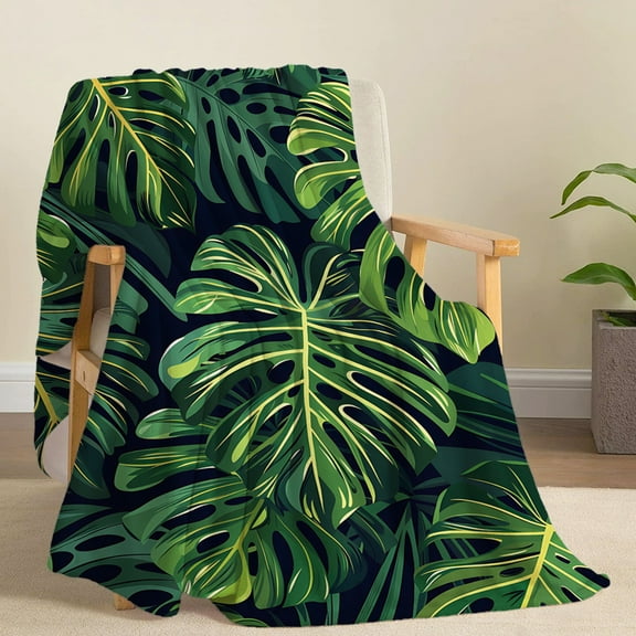 Soft Contemporary Green Leaves Print 1pc Flannel Blanket - Lightweight Warm Polyester Throw for Bed, Sofa, Office, Travel, Camping - Ideal for Reading & Gifting