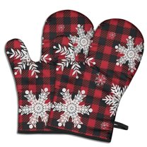 Cute Oven Mitts,Red Christmas Snowflake and Plaid Pattern Oven Mitt 2-Pack Set,Kitchen Gloves for Oven,Heat Resistant Oven Mitts 7.7"x12"