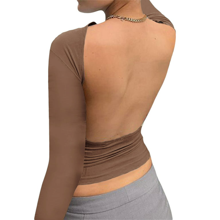 Women Sexy Long Sleeve Backless Top Slim Fit Open Back Shirt Crewneck  Cutout Casual Y2K Tshirt 