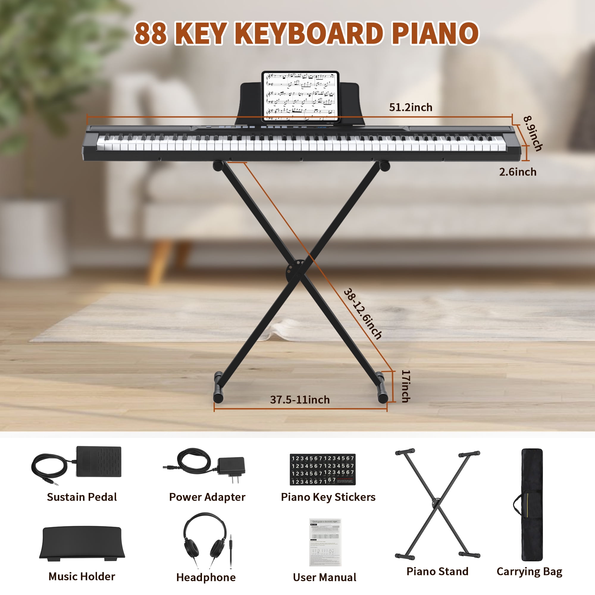 SUGIFT 88 Key Digital Piano Keyboard Semi-Weighted Piano Keyboard 88 Keys with Bluetooth, Piano Pedal, Stand, Carrying Case, and Headphones