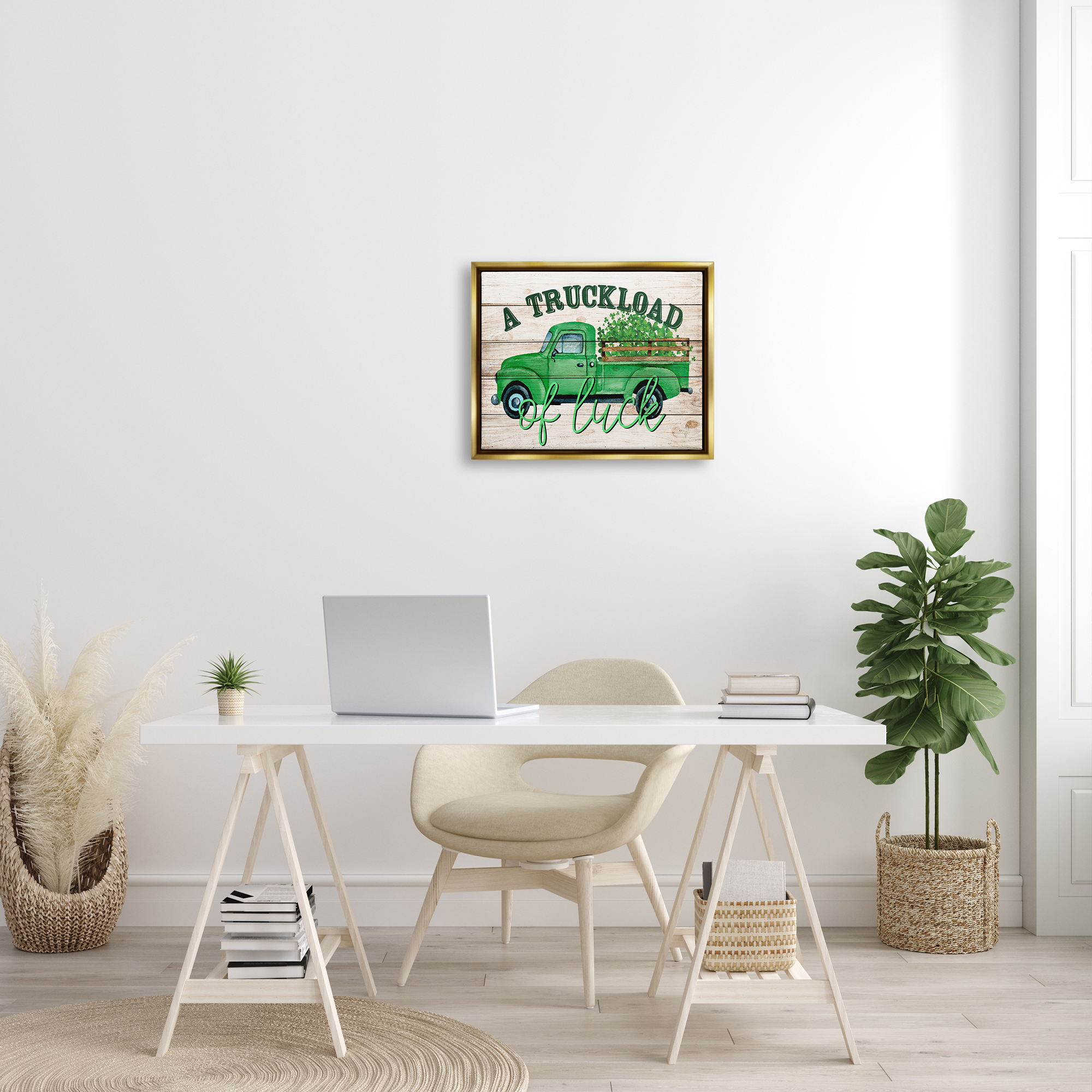 Stupell Truckload Of Luck St Patrick's Day Farmhouse Holiday Painting Gold Floater Framed Art Print Wall Art
