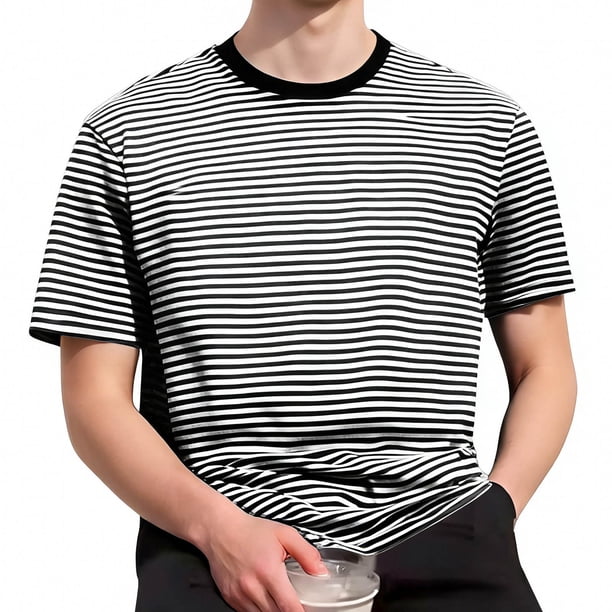 Blusas y camisas de manga corta y cuello redondo para hombre. Camisetas de rayas de manga corta y cuello redondo para hombre, informales y a la moda.
