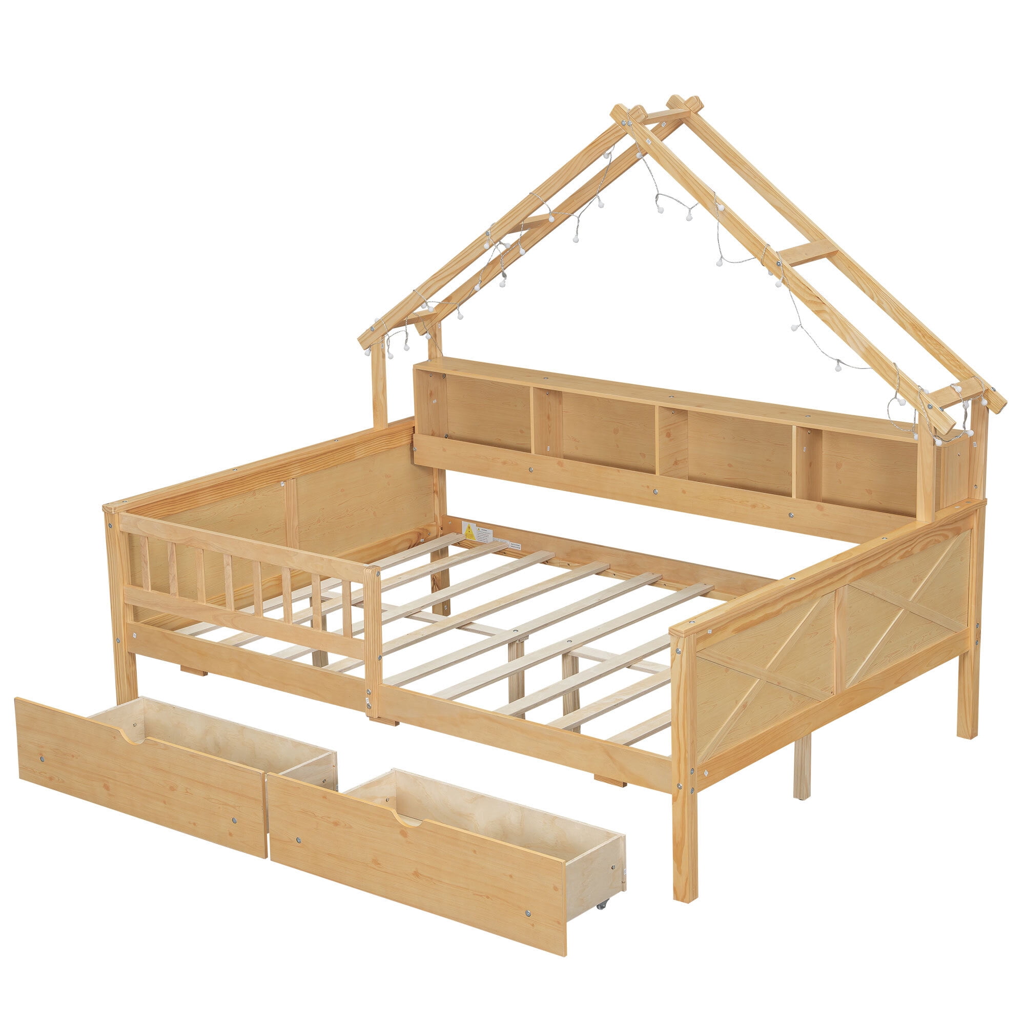 Euroco Wood Full Size Platform Bed with Drawers, House Bed with Storage and LED Light, Natural