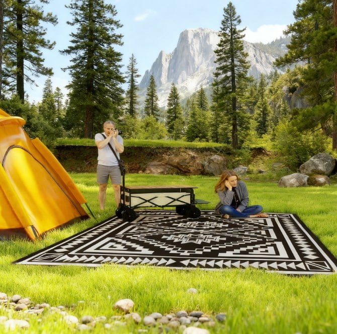 Reversible Outdoor Rug Waterproof Plastic Straw Patio Rug with Carry Bag, Foldable Outdoor Area Rug for Camping Picnic RV Road Tours Garden Balcony Deck, Black and White Square Patchwork