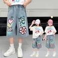 thumbnail image 2 of FINALGANG Girls Kids Light Wash Denim Shorts With Cartoon Graffiti Print Elastic Waistband For Summer Daily Wear Casual Outings Playtimelue 8-9 Years, 2 of 6